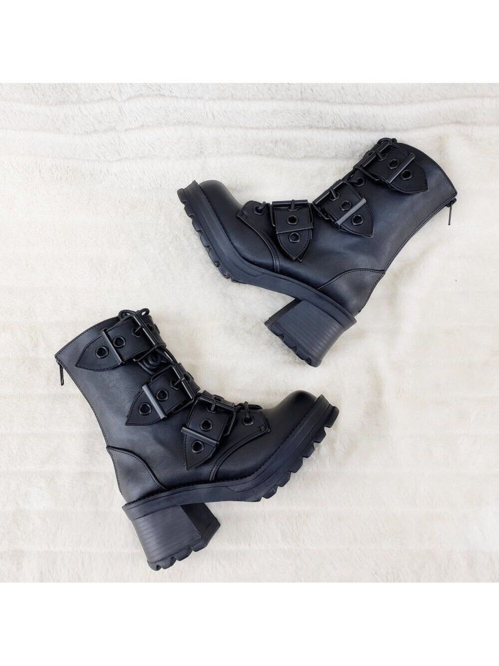 Bratty Goth 3 Big Buckle Strap Block Heel Combat Ankle Boots Punk Rock - Picture 9 of 15